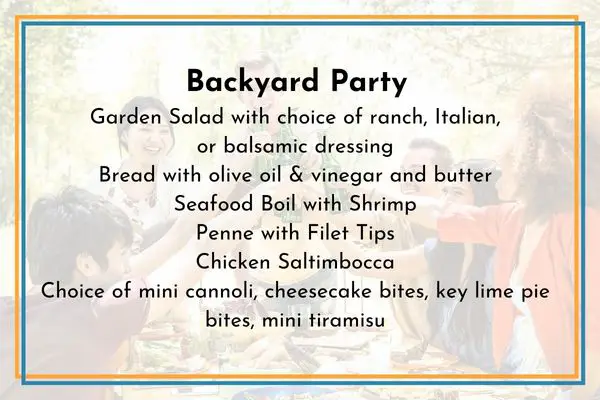 A sample menu for a backyard party from Icehouse Catering in Swansboro, NC